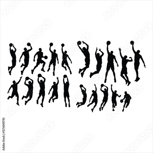 Collection of dynamic basketball player silhouettes in action silhouette