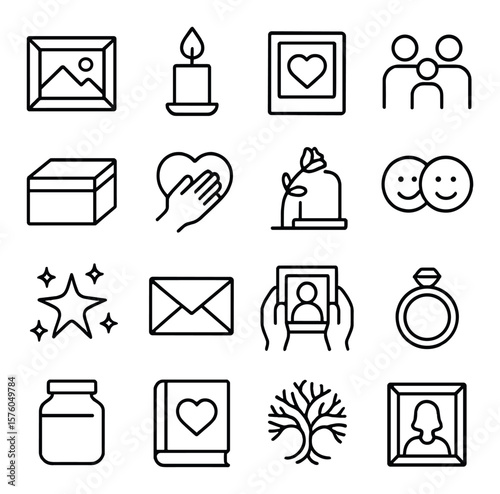 Family & Memory line art icons. photo frame, candle flame, heart photo, family icon, memory box, hand on heart, flower on grave, shared smile, star in sky, folded letter, hands