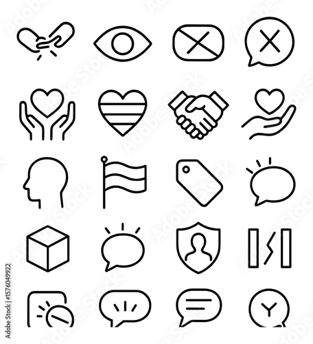 HIV Stigma Reduction line art icons. broken stigma chain, eye icon, crossed-out label, speech bubble X, empathy symbol, love is love icon, respect handshake, tolerance heart, open