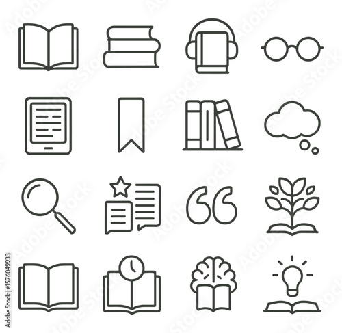 Reading & Knowledge line art icons. open book, stack of books, audiobook icon, reading glasses, ebook tablet, bookmark, library shelf, thought cloud, magnifier, book review icon,