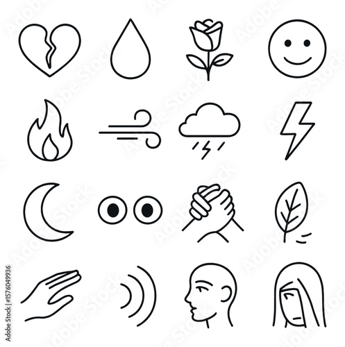 Emotions in Poetry line art icons. broken heart, tear drop, blooming rose, smile face, flame of passion, calm breeze, storm cloud, lightning bolt, crescent moon, wide eyes, clasped