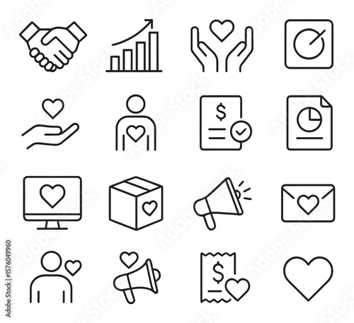 Corporate Giving line art icons. business handshake, CSR chart, donation match, company logo icon, charity partner, employee volunteer, giving grant, annual report, impact story,