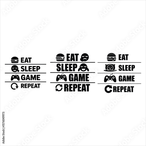 Eat sleep game repeat phrase with icons and emojis silhouette