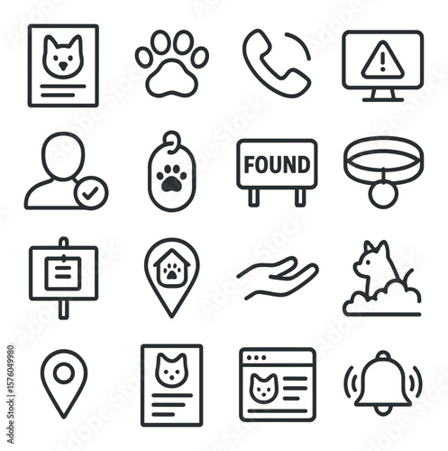 Lost & Found Process line art icons. missing pet poster, paw print icon, phone call bubble, online alert, ID check, pet description tag, found sign, collar found icon, public board