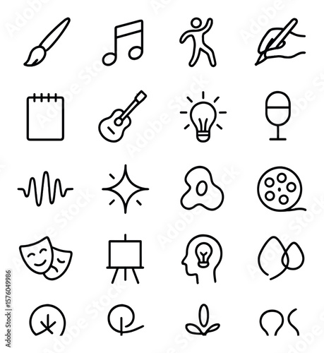 Creativity & Expression line art icons. paintbrush, music note, dancing person, writing hand, sketchpad, guitar icon, idea lightbulb, microphone, voice wave, creativity spark,