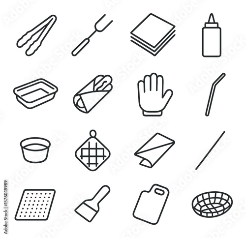 Hot Dog Utensils line art icons. serving tongs, hot dog fork, napkin stack, squeeze bottle, plastic tray, paper wrap, food glove, drink straw, dipping cup, hot pad, foil wrap,