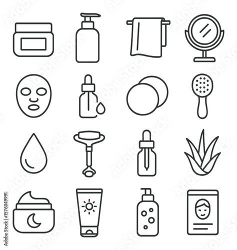 Skincare Routine line art icons. face cream jar, cleanser bottle, face towel, mirror icon, facial mask, eye drops, cotton pads, skin brush, hydration drop, beauty roller, serum