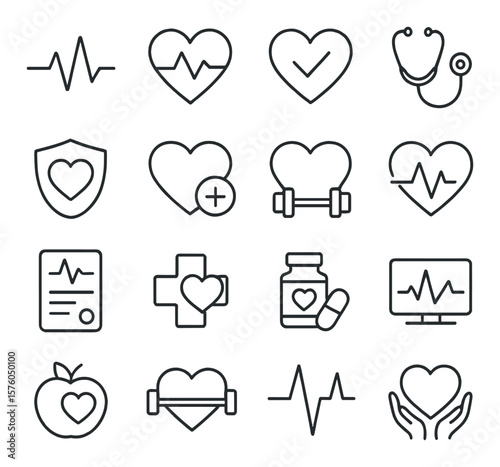 Health & Heart line art icons. heartbeat line, heart monitor, healthy heart, stethoscope and heart, heart shield, heart plus sign, fitness heart, heart rate icon, checkup form,