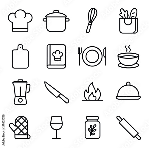 Culinary Lifeicons. line art icons. chef’s hat, cooking pot, whisk icon, grocery bag, cutting board, recipe book, plate setting, soup bowl, blender, knife icon, stove flame, dish
