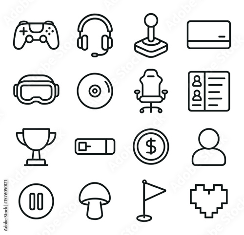Video Games line art icons. game controller, headset icon, joystick, console box, virtual reality headset, game disc, gaming chair, leaderboard icon, trophy icon, health bar,
