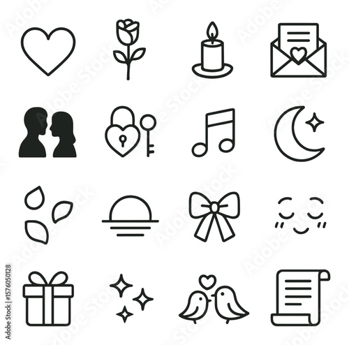 Romantic Verse line art icons. heart, rose, candle, handwritten letter, couple silhouettes, lock and key, music note, moonlight, petals, sunset, ribbon, blushing face, gift box,