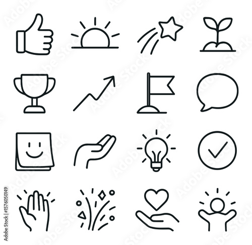 Encouragement Messages line art icons. thumbs up, rising sun, shooting star, growing sprout, trophy icon, success arrow, goal flag, motivational speech bubble, smiley note,