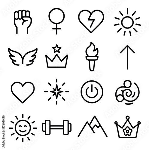 Empowerment Symbols line art icons. raised fist, female symbol, heart with lightning, sunburst, wings icon, star crown, torch flame, upward arrow, bold heart, radiating star, power