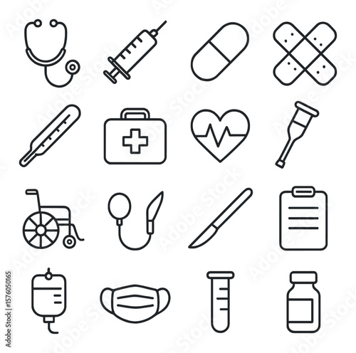 Medical Tools line art icons. stethoscope, syringe, pill, bandage, thermometer, first aid kit, heart monitor, crutch, wheelchair, blood pressure cuff, scalpel, clipboard, IV bag,