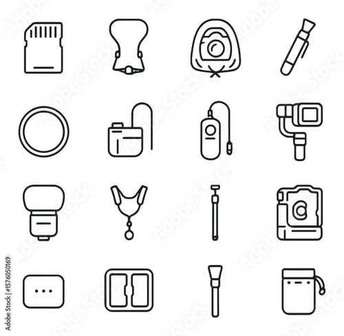 Photography Accessories line art icons. memory card, camera strap, rain cover, lens pen, UV filter, battery grip, remote trigger, gimbal, flash diffuser, neck harness, monopod,
