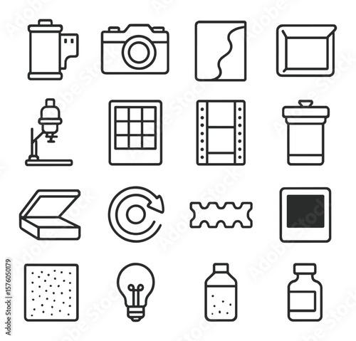 Film Photography line art icons. film roll, film camera, light leak, darkroom tray, enlarger, contact sheet, film strip, development tank, film scanner, manual rewind, sprocket