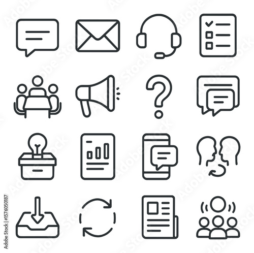 Employee Communication line art icons. speech bubble, email icon, headset with mic, feedback form, meeting table, announcement megaphone, question mark, chat window, suggestion box