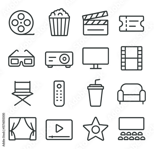 Movie Night line art icons. film reel, popcorn bucket, clapperboard, cinema ticket, 3D glasses, projector icon, movie screen, film strip, director chair, remote control, soda cup,