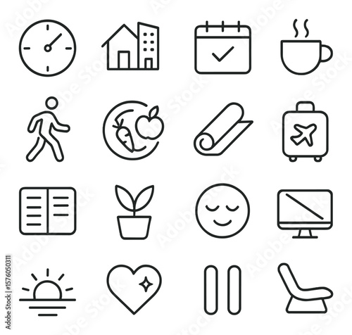 Work-Life Balance line art icons. clock icon, home and office, flexible calendar, coffee break, walking figure, healthy plate, yoga mat, vacation suitcase, day planner, plant icon,