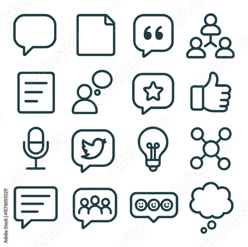 Opinion Sharing line art icons. chat icon, post-it note, quote symbol, community share, open form, user thought, review suggestion, thumbs up bubble, microphone icon, review tweet