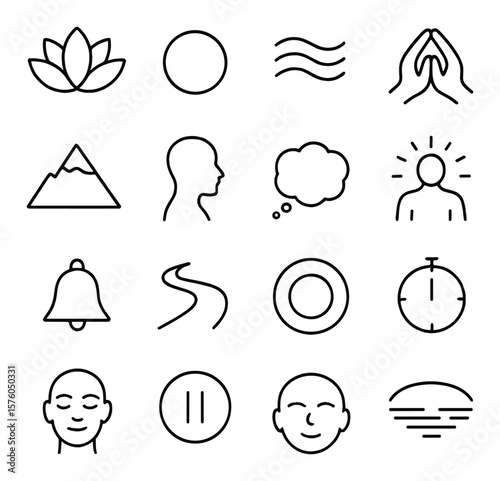 Mindfulness Practices line art icons. lotus flower, focus dot, breathing waves, meditation hands, quiet mountain, mind-body icon, thought bubble, inner light, soft bell, walking