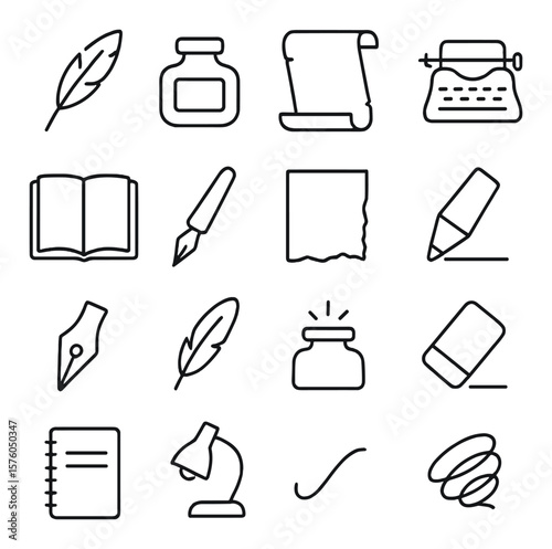 Writing Tools of the Poet line art icons. quill pen, ink bottle, parchment scroll, typewriter, open journal, fountain pen, torn paper, pencil tip, calligraphy nib, feather bookmark