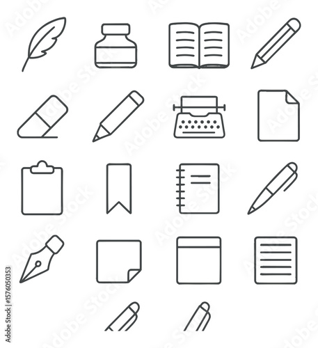 Writing Tools line art icons. quill pen, ink bottle, open notebook, pencil, eraser, fountain pen, typewriter, paper sheet, clipboard, bookmark, spiral journal, ballpoint pen, pen