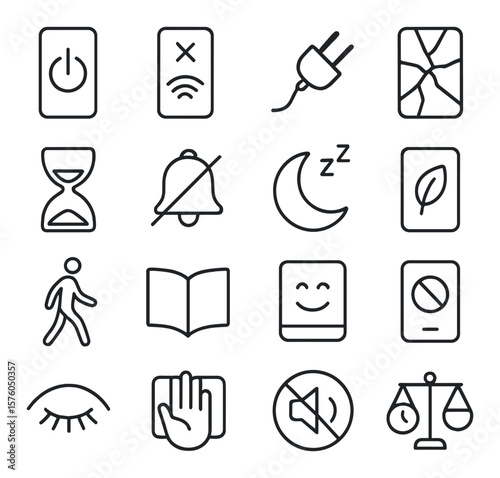 Digital Detox line art icons. phone off icon, no signal, unplugged wire, screen break, hourglass symbol, mute bell, sleep mode, nature app, walk icon, book page, mindful media, no