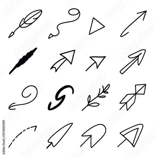 Decorative Arrows line art icons. feather arrow, ribbon arrow, swirl arrow, hand-drawn arrow, sketchy arrow, brushstroke arrow, triangle arrow, dotted line arrow, arrow with curl,