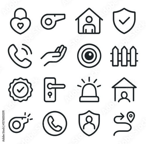 Safety & Protection line art icons. lock with heart, whistle icon, safe house, shield with check, emergency phone, helping hand, camera eye, protective fence, trusted badge, door