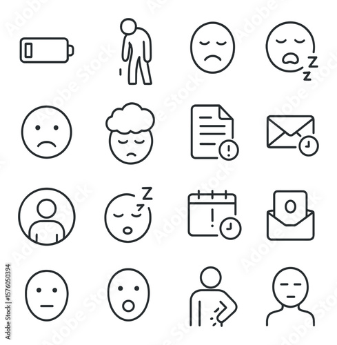 Burnout Warning Signs line art icons. battery low, energy drain, no motivation, yawning icon, frowning face, gray thought cloud, missed task, late email, isolation bubble, sleep