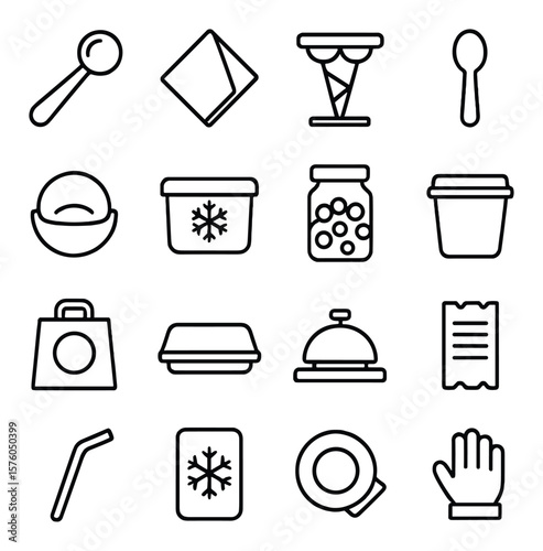 Ice Cream Accessories line art icons. ice cream scoop, napkin, cone holder, spoon, cup lid, freezer box, toppings jar, paper cup, takeout bag, serving tray, counter bell, order