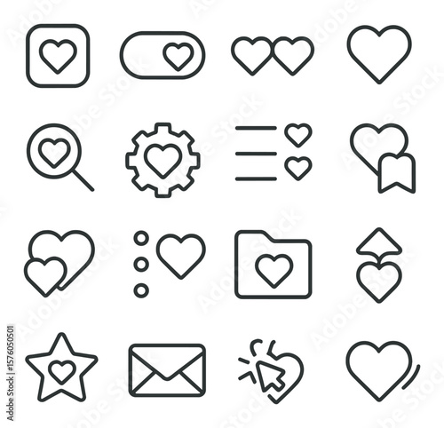 Heart Icons for UI line art icons. heart button, heart toggle, heart rating, heart in notification, heart in search, heart with settings, heart in list, heart with bookmark, hover