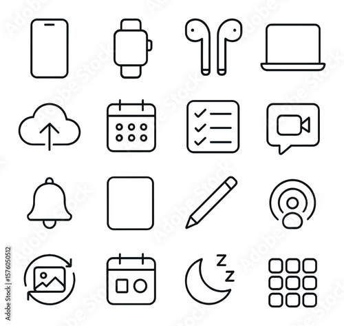 Digital Lifeicons. line art icons. smartphone, smartwatch, wireless earbuds, laptop icon, cloud storage, calendar app, to-do list, video chat, notifications bell, tablet icon,