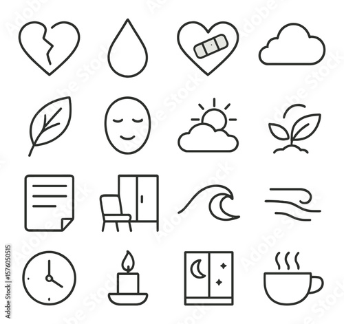 Emotional Healing line art icons. broken heart, tear drop, heart with bandage, soft cloud, healing leaf, calm face, sun behind clouds, hope sprout, journal page, quiet room,