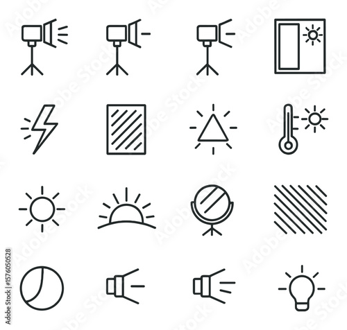 Lighting Concepts line art icons. key light, fill light, backlight, natural light, flash icon, diffuser sheet, lighting triangle, color temperature, sun icon, golden hour,
