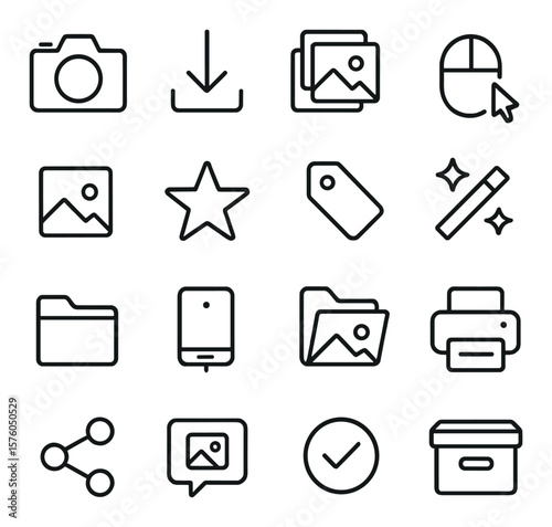 Photography Workflow line art icons. shoot icon, import arrow, sort images, select icon, rating star, label tag, edit icon, export folder, backup drive, gallery folder, print icon,