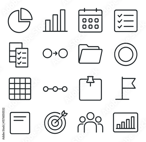 Productivity Dashboard Elements line art icons. pie chart, bar graph, calendar grid, checklist board, task column, workflow arrows, folder tabs, progress ring, habit tracker,