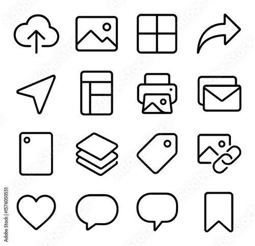 Photo Sharing line art icons. upload cloud, image icon, gallery grid, share arrow, send button, social feed, print icon, email photo, story frame, album stack, tag icon, photo link