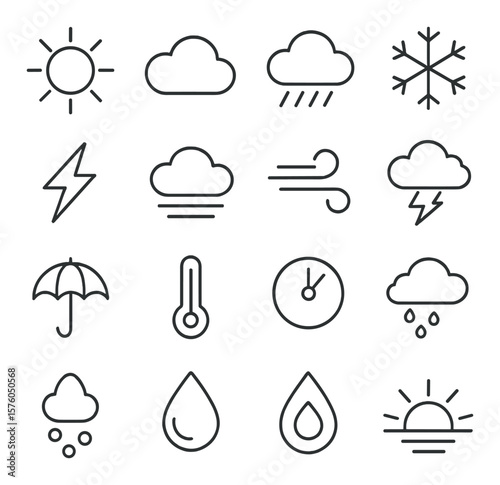 Weather Essentials line art icons. sun, cloud, rain, snowflake, lightning, fog, wind, tornado, umbrella, thermometer, barometer, storm cloud, hail, dew, humidity, sunrise.