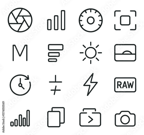 Camera Functions line art icons. aperture icon, ISO scale, shutter speed dial, autofocus point, manual mode, burst mode, white balance, metering mode, self-timer, exposure