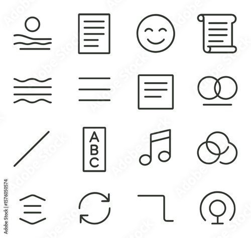 Poetic Forms line art icons. haiku icon, sonnet sheet, limerick smile, ode scroll, free verse wave, couplet bars, stanza box, rhyme pair, blank verse line, acrostic block, ballad