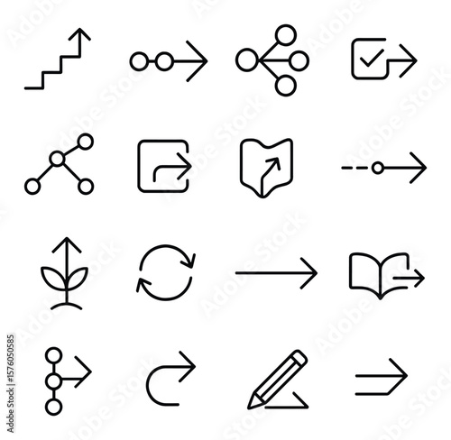Educational Arrows line art icons. learning step arrow, subject path arrow, curriculum flow, quiz answer arrow, progress tracking arrow, course direction icon, school map arrow,