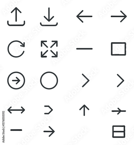 User Interface Arrows line art icons. upload arrow, download arrow, back navigation, forward navigation, refresh arrow, expand arrow, collapse arrow, minimize arrow, maximize arrow