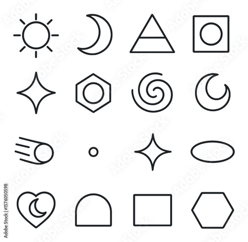 Astral Shapes line art icons. sun circle, moon crescent, twilight triangle, dawn square, star diamond, eclipse hexagon, nebula swirl, lunar spiral, comet zigzag, daylight dot,