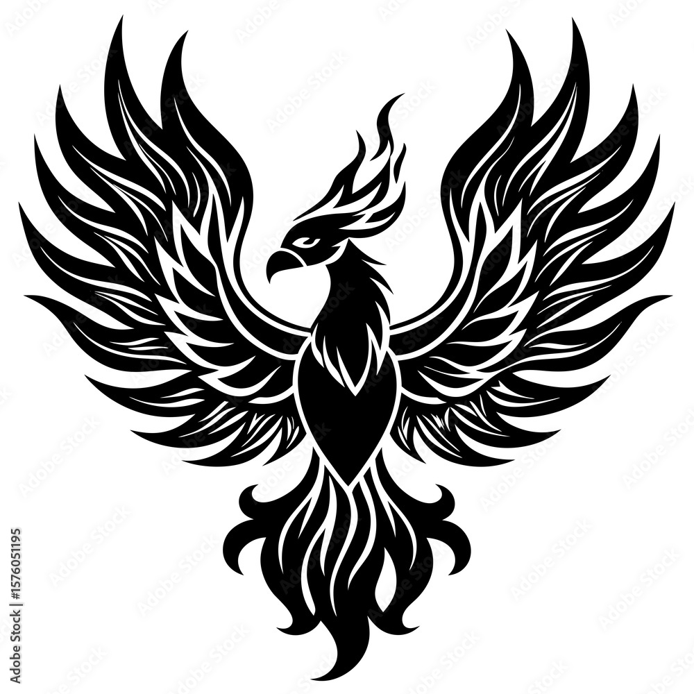 Fototapeta premium Black phoenix bird with spread wings and flame tail silhouette fire