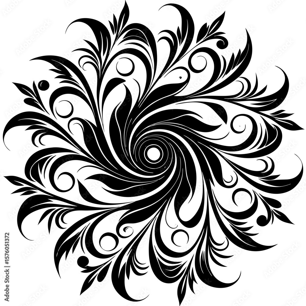 Fototapeta premium Black swirling floral ornament with leaves and circles on white background vector