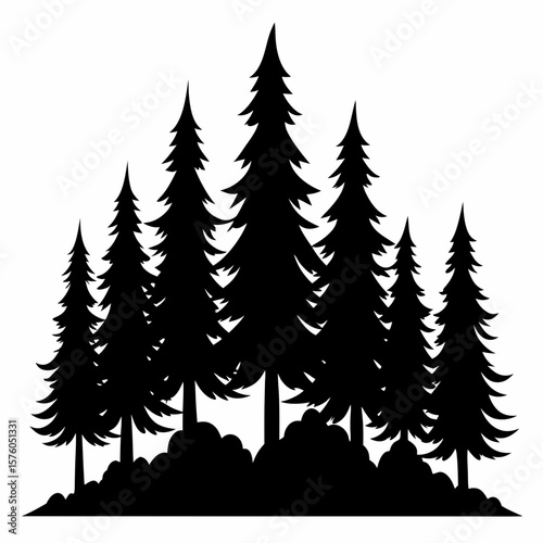 Black silhouette of pine trees on white background forest