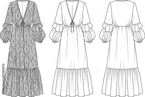 Bohemian maxi dress flat sketch with puff sleeves, gathered hem, V-neck front and back, fashion technical drawing, pattern design template