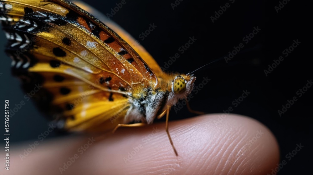 Fototapeta premium Close-up of a butterfly resting on a person's finger. the butterfly has a distinctive orange and black pattern on its wings, with white spots scattered across its body.